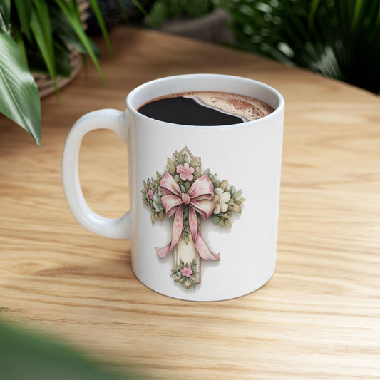 Floral Bouquet Cross  Ceramic Mug — Vintage Pink Roses Coffee Cup (11oz/15oz)