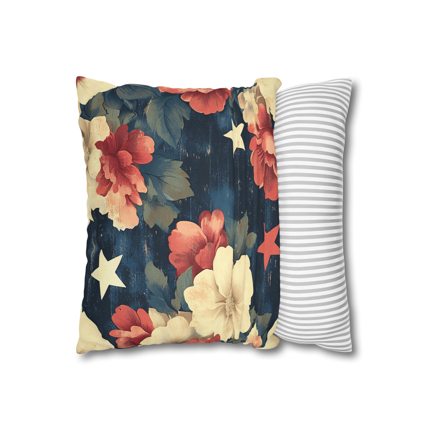 Floral Stars Throw Pillowcase — Vintage Navy Patriotic Floral Pillow Cover
