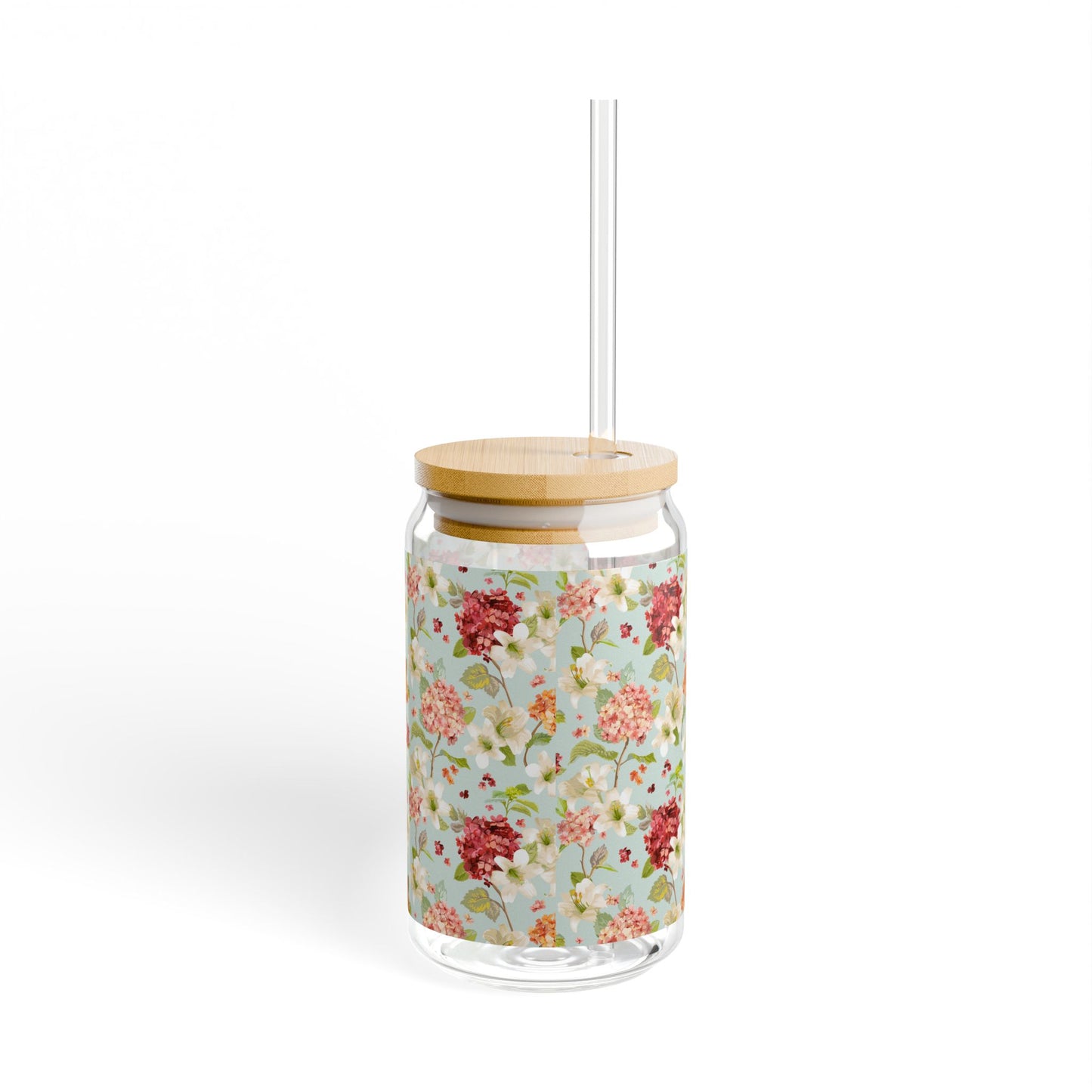 16oz Floral Sipper Glass Jar with Bamboo Lid & Straw – Vintage Rose Pattern