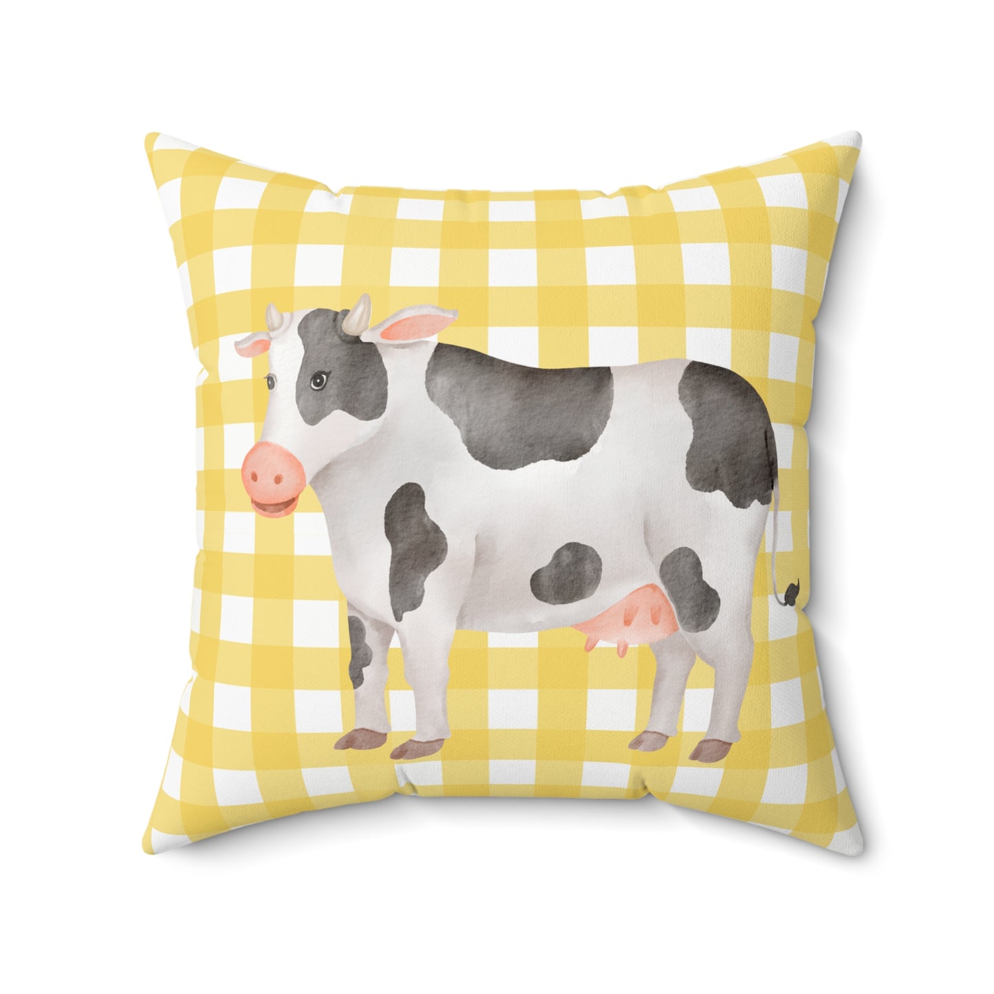 Farmhouse Cow Pillow — Yellow Gingham Decorative Throw Pillow