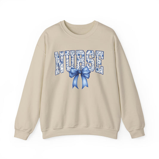 Chinoiserie Nurse Sweatshirt – Blue Floral Nurse Crewneck with Bow | Gift for Nurses, RN, LPN, CNA | Nurse Appreciation Sweater
