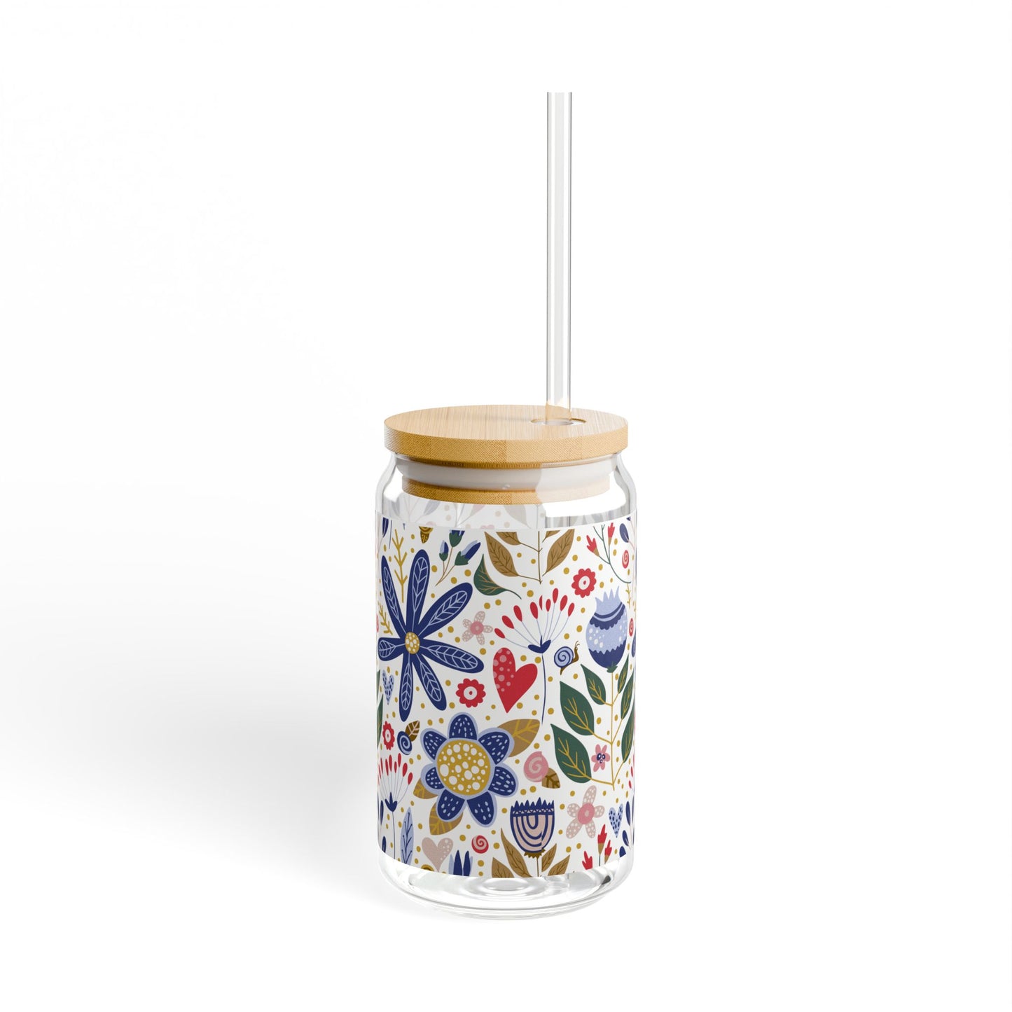 Floral Folk Art Sipper Glass — 16oz Reusable Drink Jar with Bamboo Lid & Straw