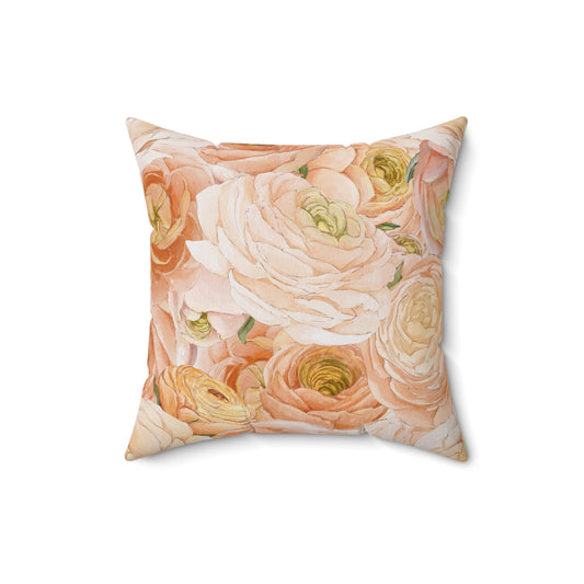 Ranunculus Floral Throw Pillow — Peach & Blush Square Decorative Cushion
