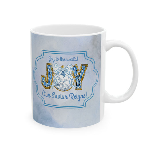 Chinoiserie JOY Christmas Mug – Blue & White Nativity Coffee Cup | “Joy to the World, Our Savior Reigns” Christian Holiday Mug by Velvet Ribbon Gifts