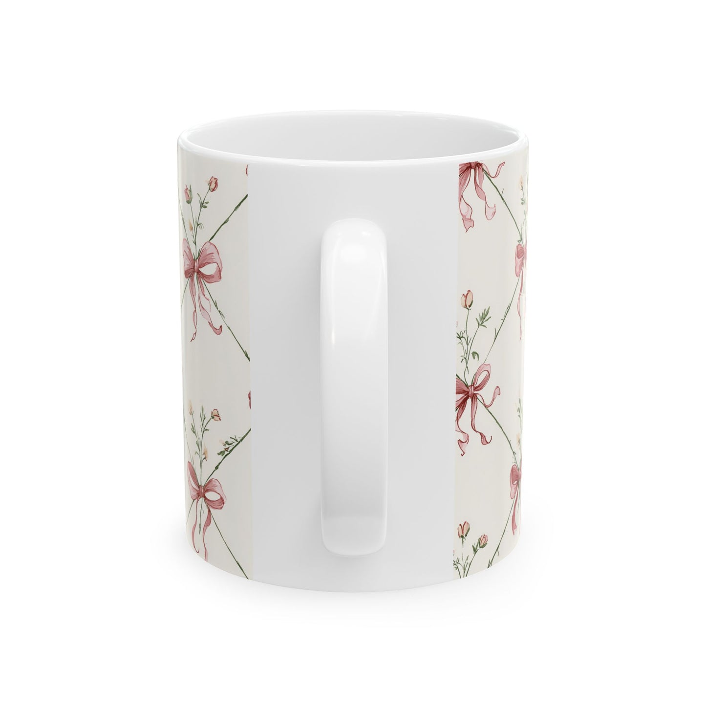 Floral Ribbon Pattern Ceramic Mug — Vintage Pink Bow Tea Coffee Cup (11oz & 15oz)