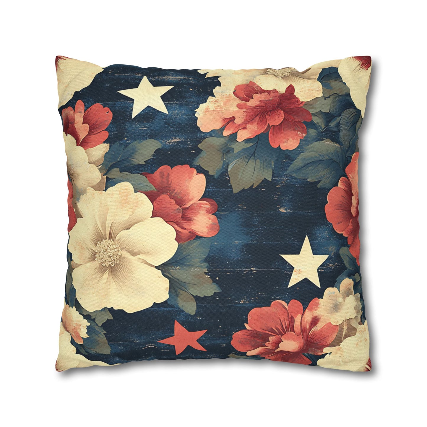 Floral Stars Throw Pillowcase — Vintage Navy Patriotic Floral Pillow Cover