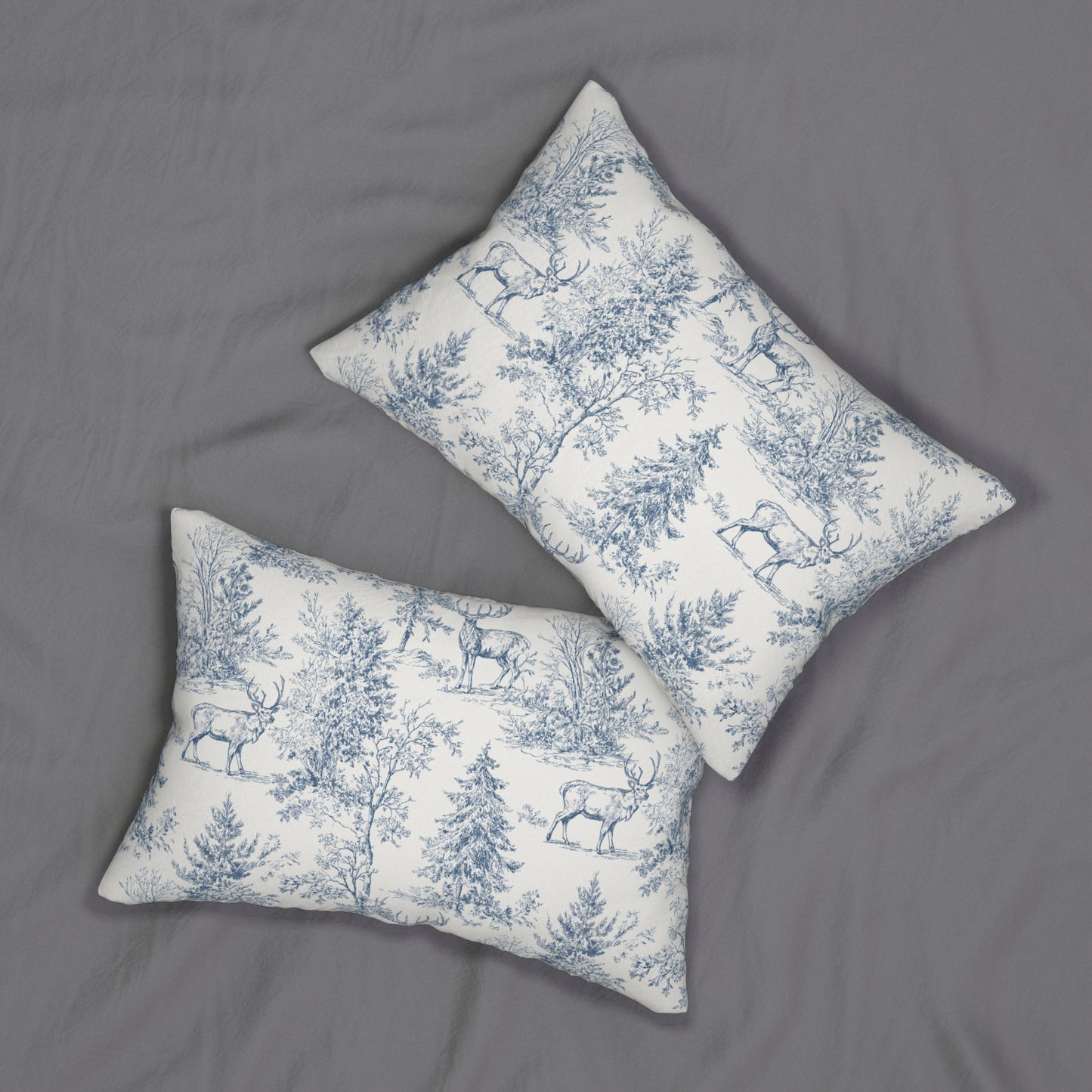 Heirloom Woodland Lumbar Pillow – Soft Blue Deer Toile