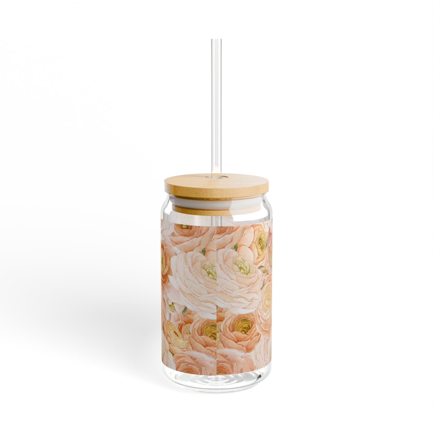 Floral Sipper Glass 16oz — Peach Rose Mason-Style Tumbler with Straw