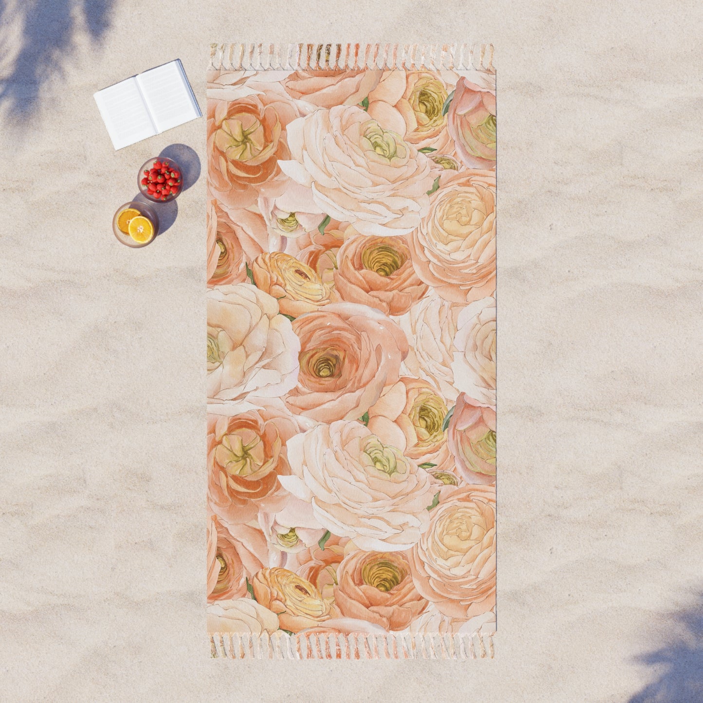 Boho Floral Beach Towel — Peach Ranunculus Tassel Throw