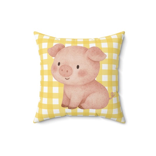 Cute Pig Nursery Pillow — Yellow Gingham Decorative Throw Pillow