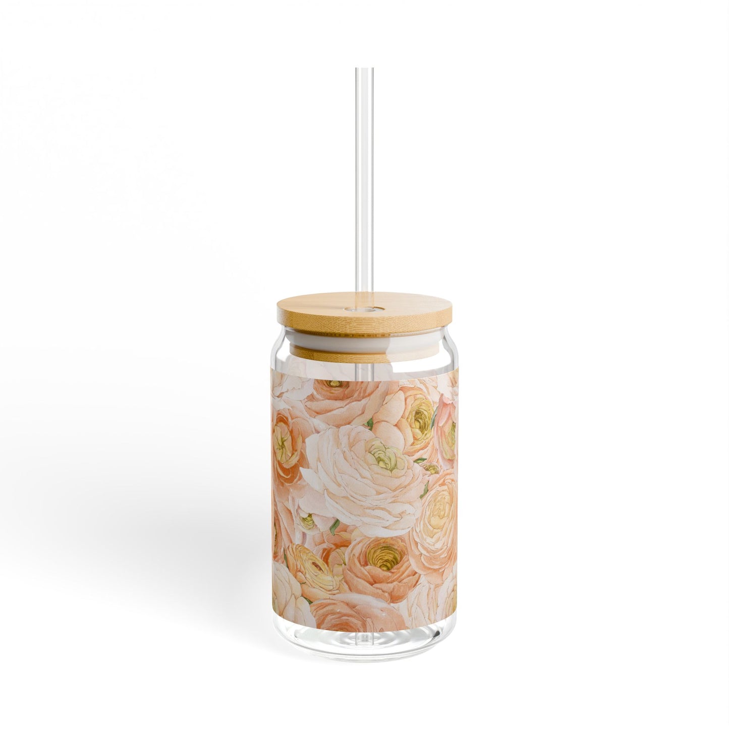 Floral Sipper Glass 16oz — Peach Rose Mason-Style Tumbler with Straw