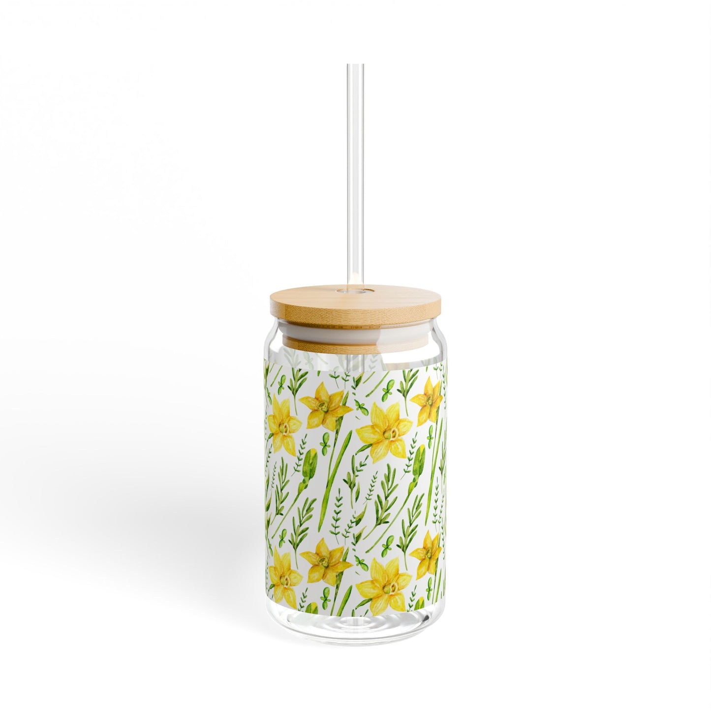 16oz Floral Sipper Glass - Yellow Daffodil Pattern with Bamboo Lid & Straw