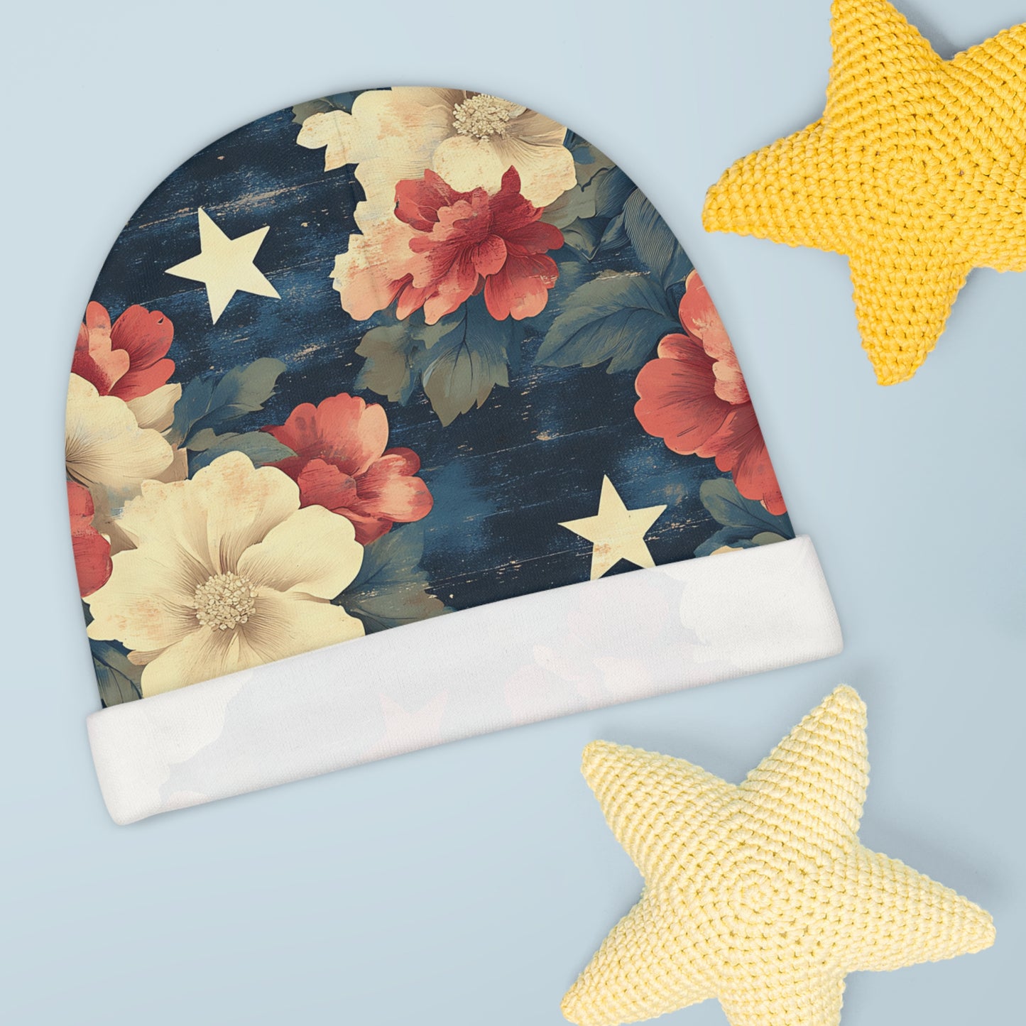 Floral Stars Baby Beanie – Navy Vintage Rose Print Newborn Hat
