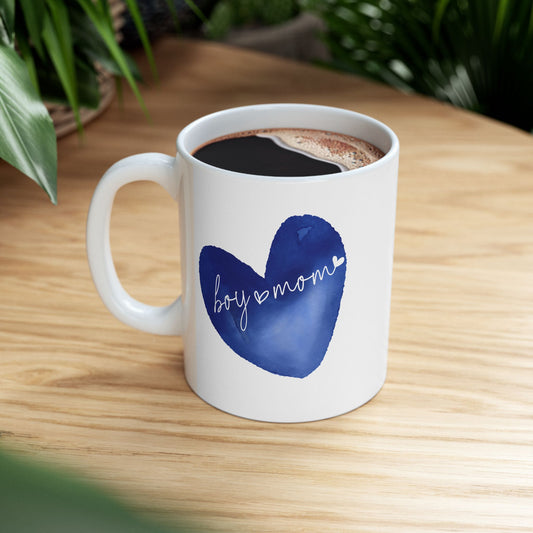 Boy Mom  Blue Heart Ceramic Mug –  Inspirational Coffee Cup (11oz, 15oz)