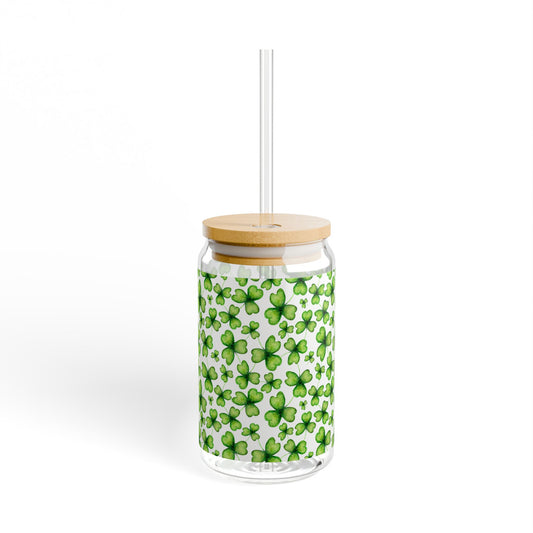 Shamrock Pattern 16oz Sipper Glass — St. Patrick’s Day Clover Drink Jar