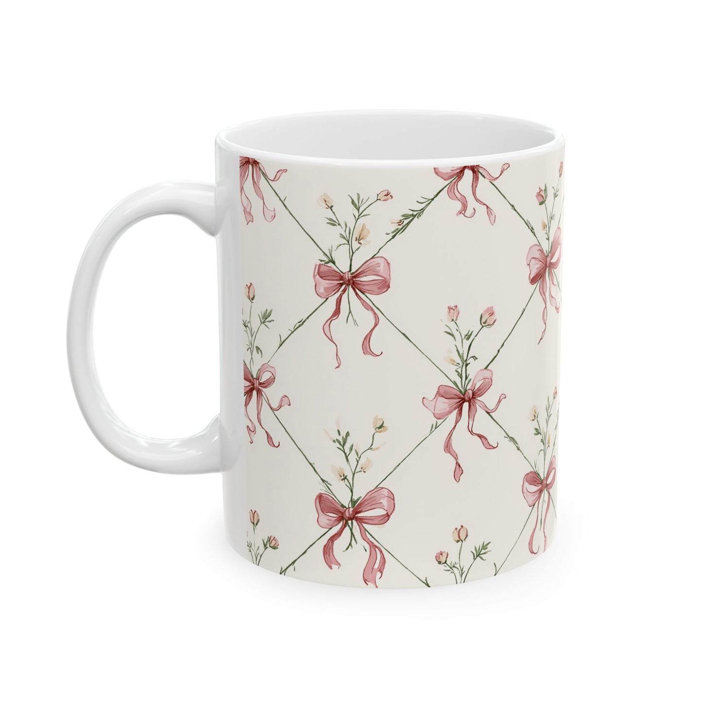 Floral Ribbon Pattern Ceramic Mug — Vintage Pink Bow Tea Coffee Cup (11oz & 15oz)