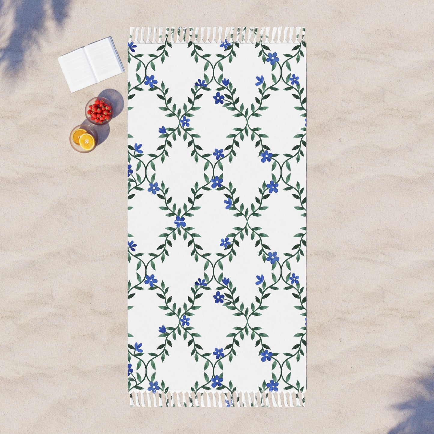 Spring & Summer blanket throw — Blue Vine Pattern Turkish Fringe Towel