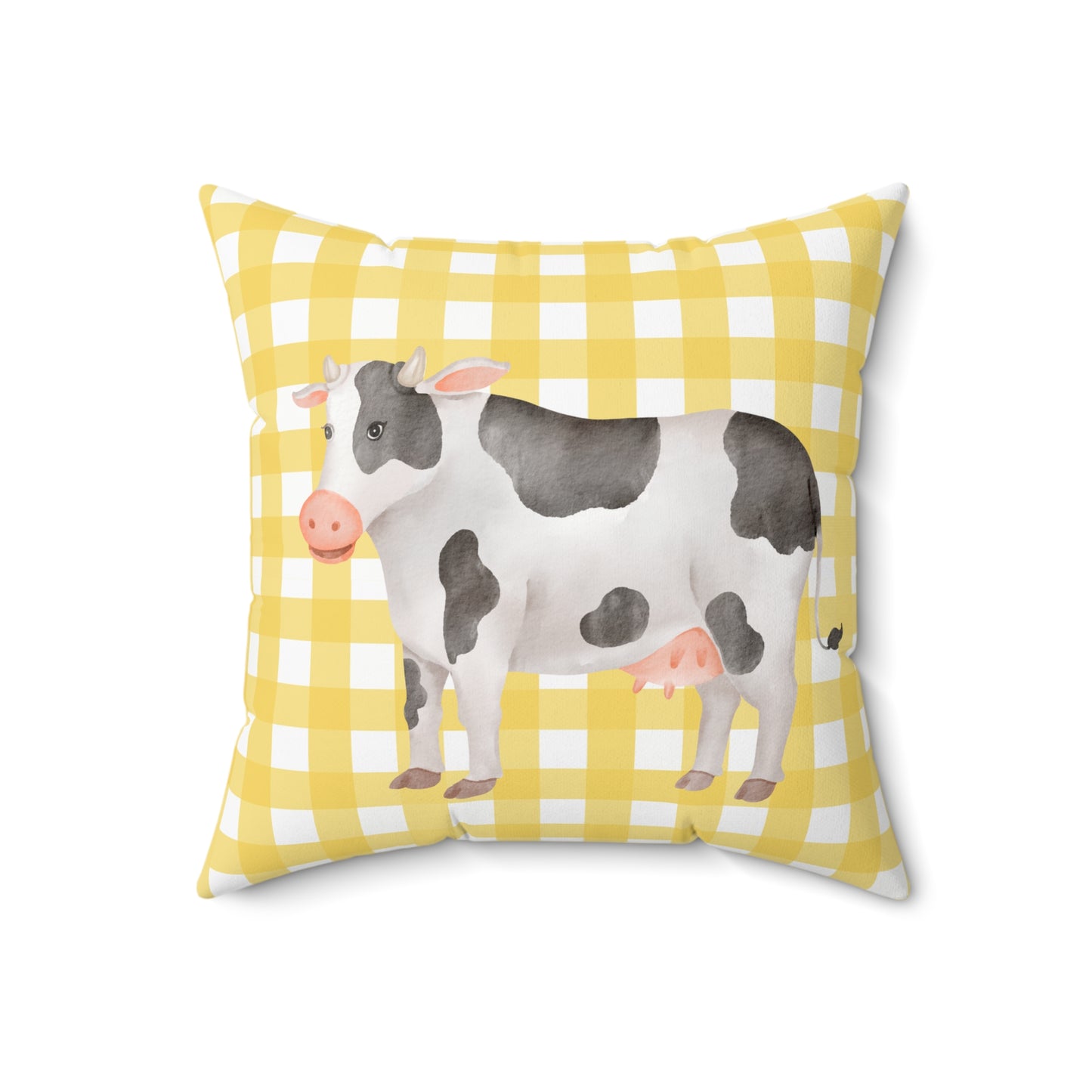 Farmhouse Cow Pillow — Yellow Gingham Decorative Throw Pillow