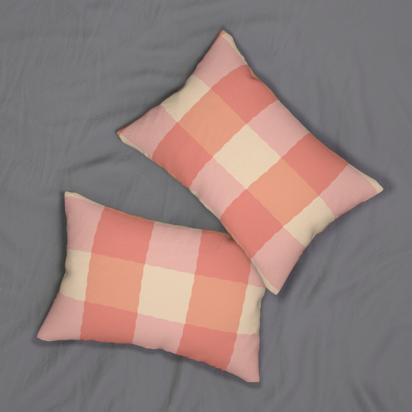 Joyful Gingham Pillow – Coral Pink Checkered Cushion for Cozy, Collected Homes  Layer with Heirloom Plum, Stillwater Check, or any of our art pillows for a warm, welcoming touch.  Spun Polyester Lumbar Pillow