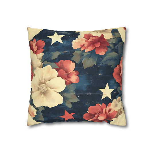Floral Stars Throw Pillowcase — Vintage Navy Patriotic Floral Pillow Cover