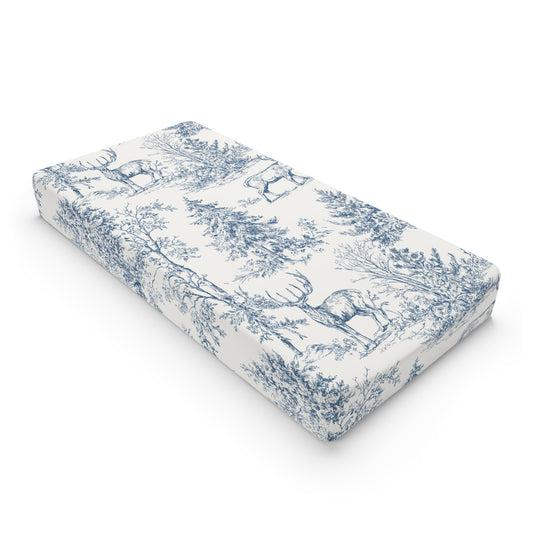 Peppermint’s Winterwood Heirloom Changing Pad Cover  Toile Deer  — Blue Woodland Nursery
