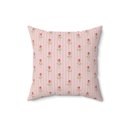 Pink Rose Stripe Decorative Pillow — Floral Square Throw Pillow for Cottagecore & Nursery Decor