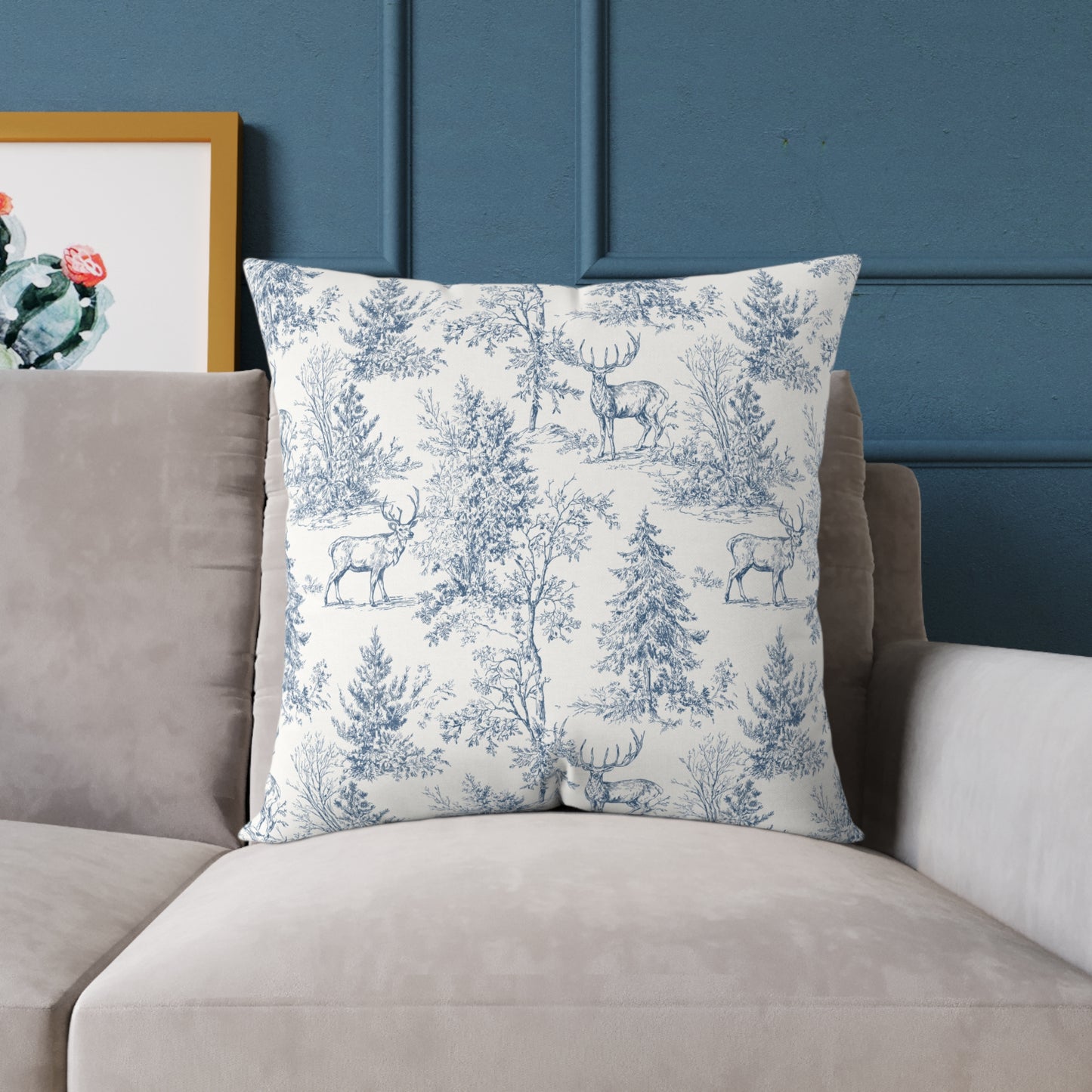 Peppermint’s Winterwood Heirloom Pillow Toile Deer Winter Pillow — Blue Woodland Decorative Throw Pillow