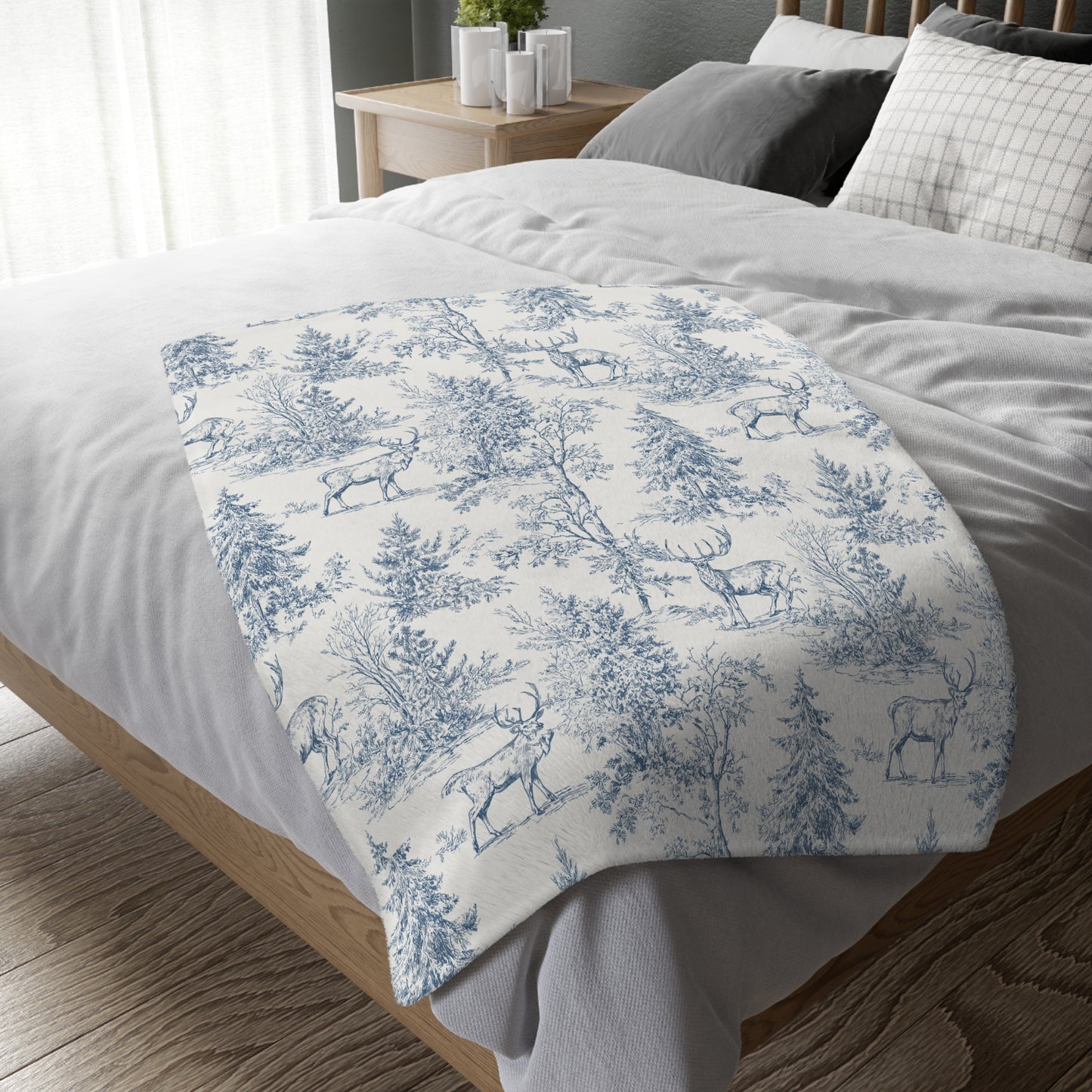 Peppermint’s Winterwood Heirloom Velveteen Blanket   Deer & Pine Toile Velveteen Blanket — Blue Scenic Microfiber Throw