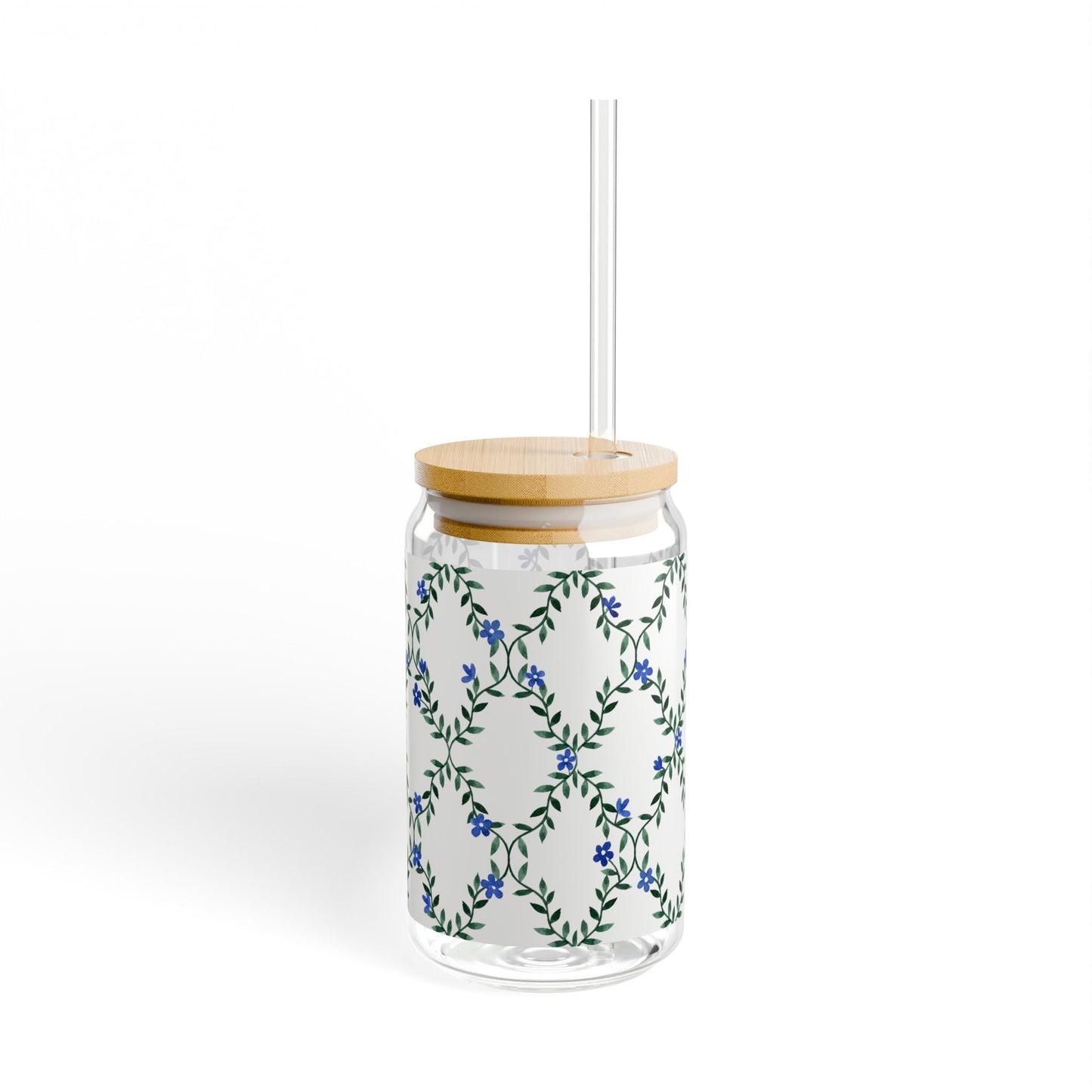 16oz Floral Vine Sipper Glass with Bamboo Lid & Straw — Blue Wildflower Pattern