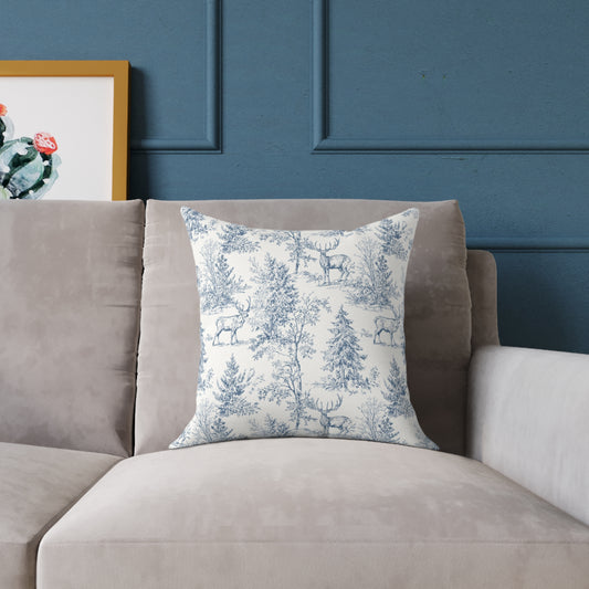 Peppermint’s Winterwood Heirloom Pillow Toile Deer Winter Pillow — Blue Woodland Decorative Throw Pillow