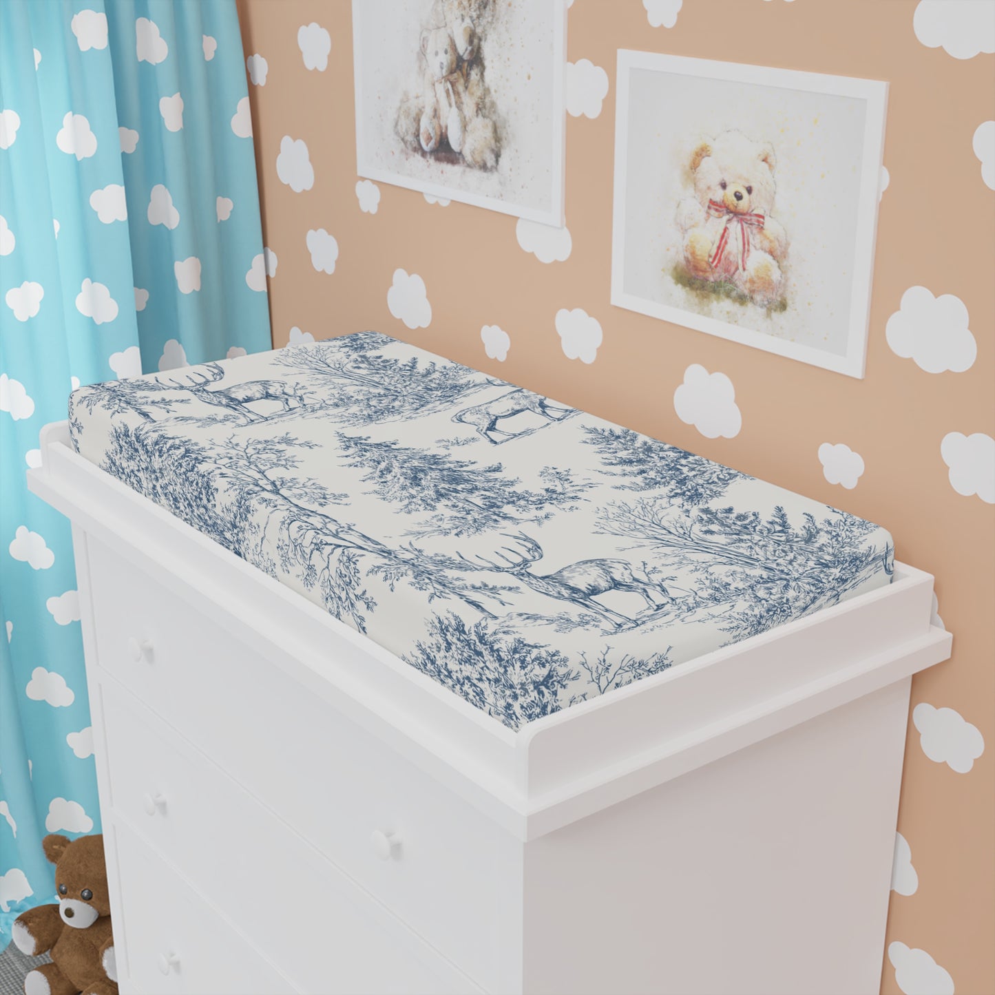 Peppermint’s Winterwood Heirloom Changing Pad Cover  Toile Deer  — Blue Woodland Nursery