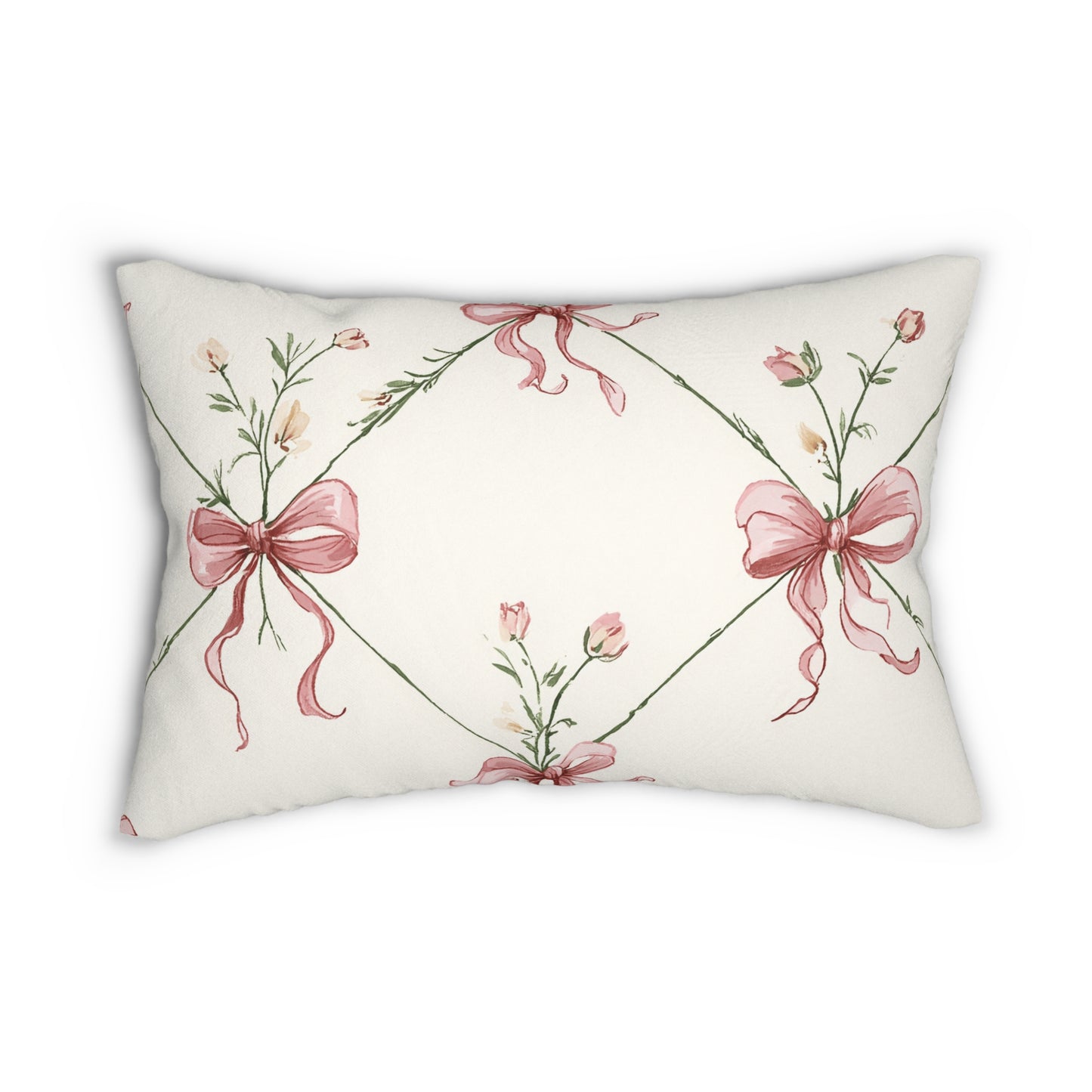 Bow Garden Lumbar Pillow – Soft Blush Floral & Ribbon Design
