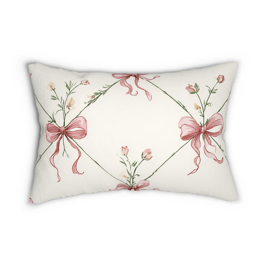 Bow Garden Lumbar Pillow – Soft Blush Floral & Ribbon Design
