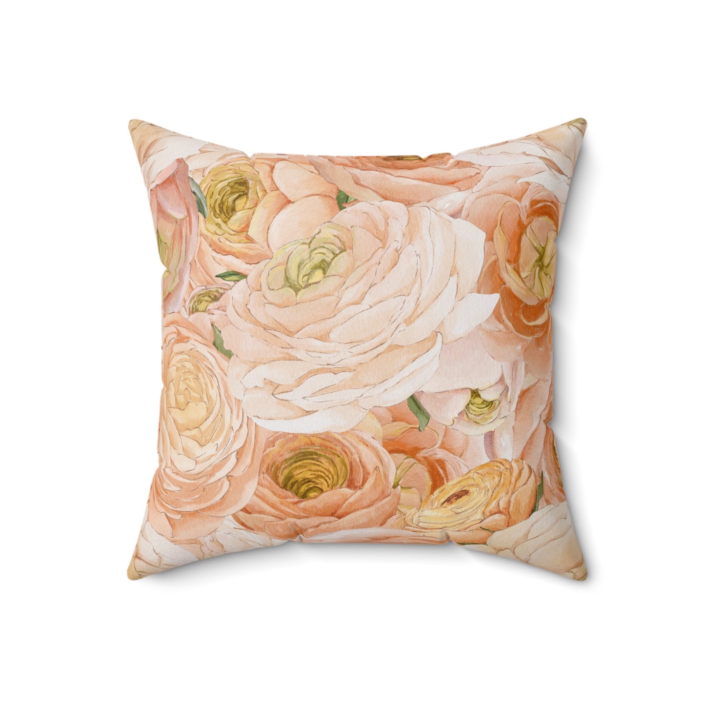 Ranunculus Floral Throw Pillow — Peach & Blush Square Decorative Cushion