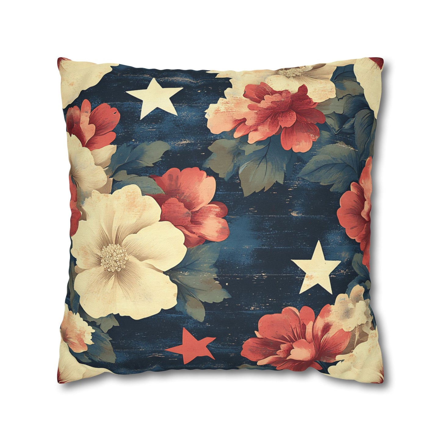Floral Stars Throw Pillowcase — Vintage Navy Patriotic Floral Pillow Cover