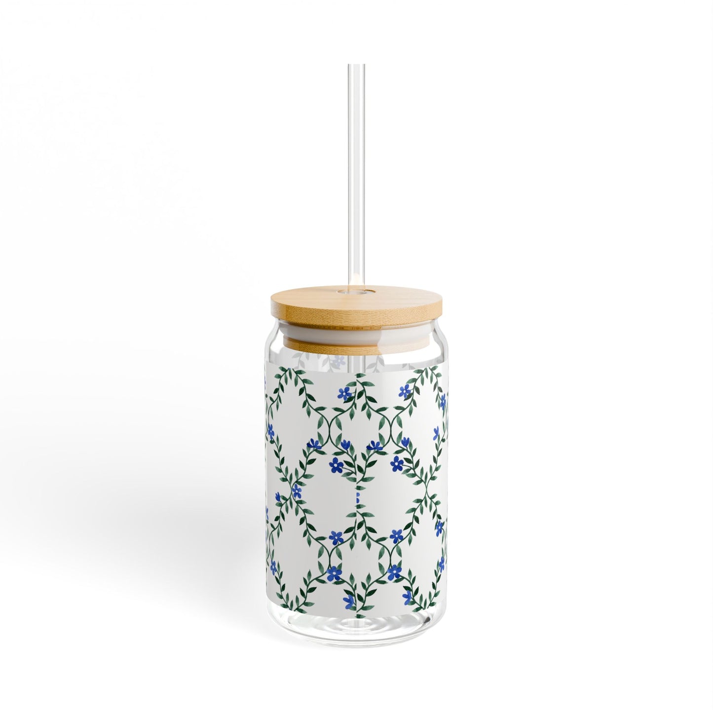 16oz Floral Vine Sipper Glass with Bamboo Lid & Straw — Blue Wildflower Pattern