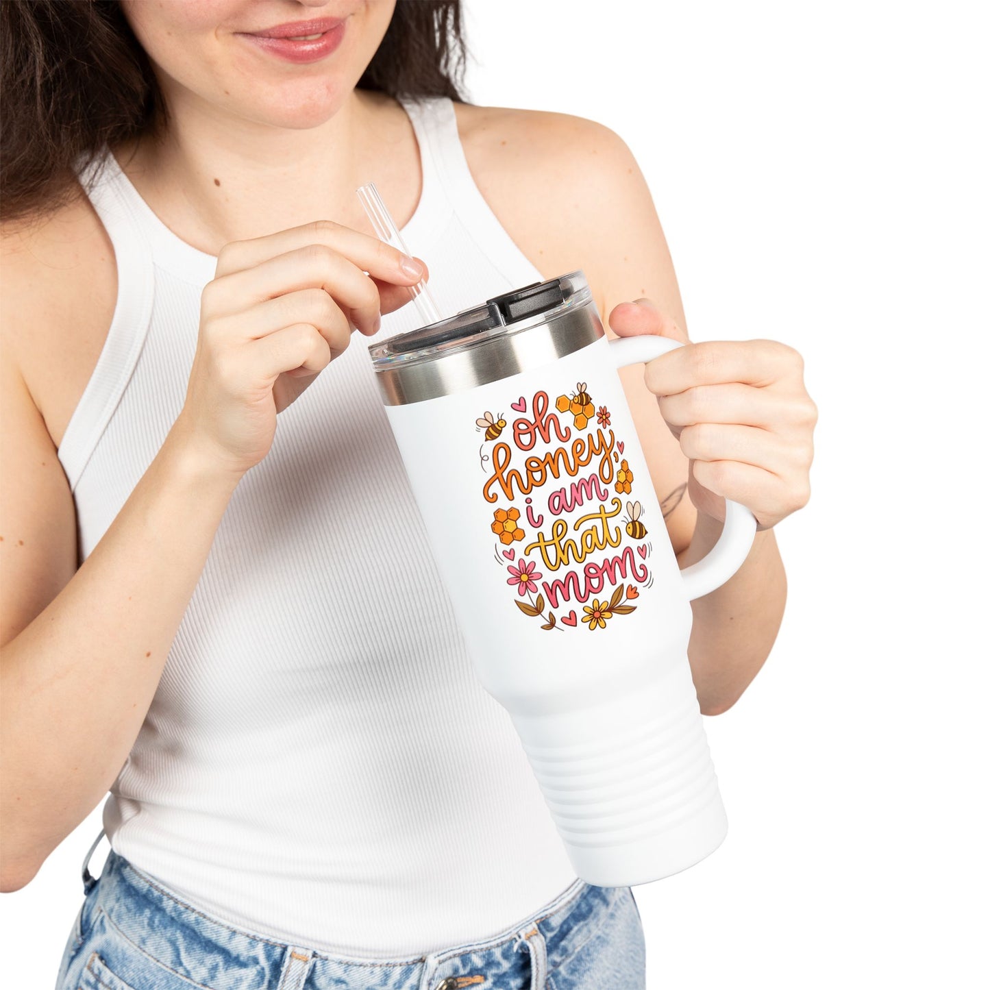 40oz Insulated Travel Mug — "Oh Honey I Am That Mom" Floral Stainless Tumbler