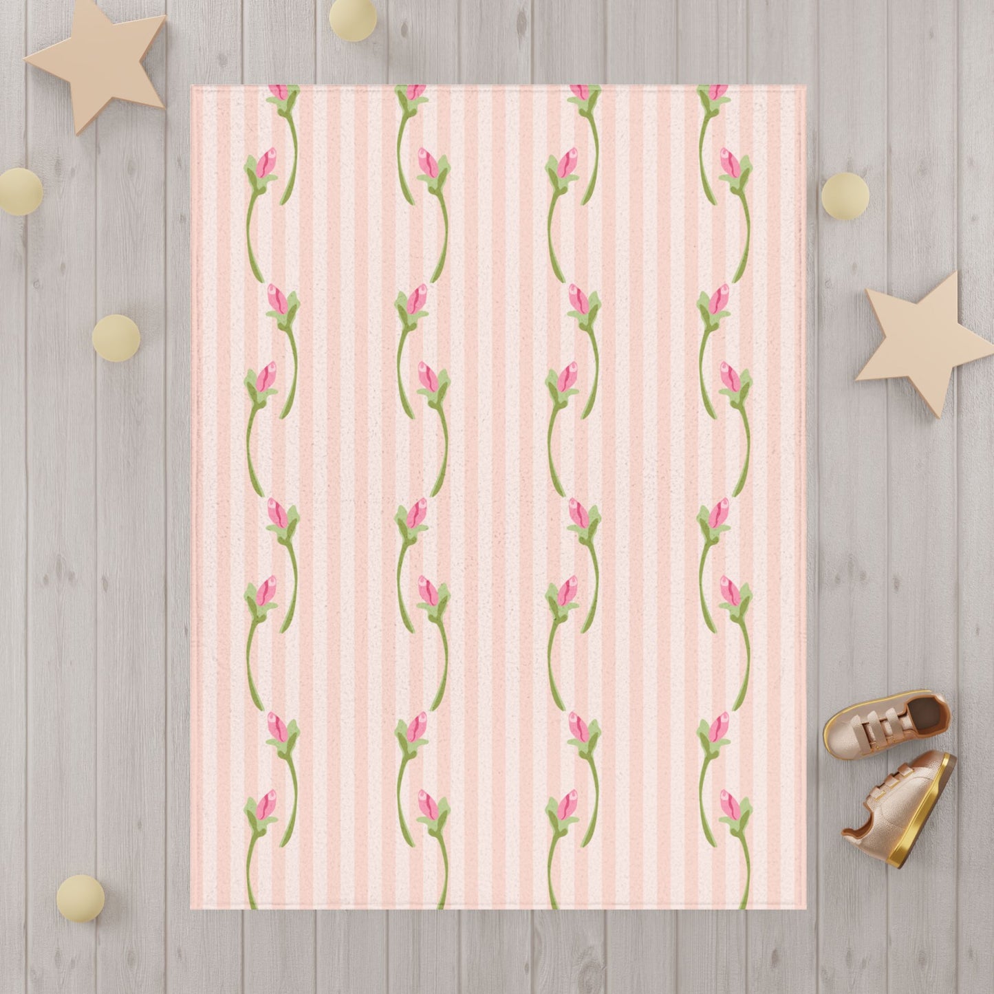 Toddler Blanket — Pink Floral Stripe Baby Blanket for Nursery, Soft Cozy Gift