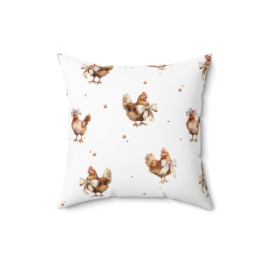 Farmhouse Chicken Decorative Pillow — Watercolor Hen & Pink Gingham Throw Pillow