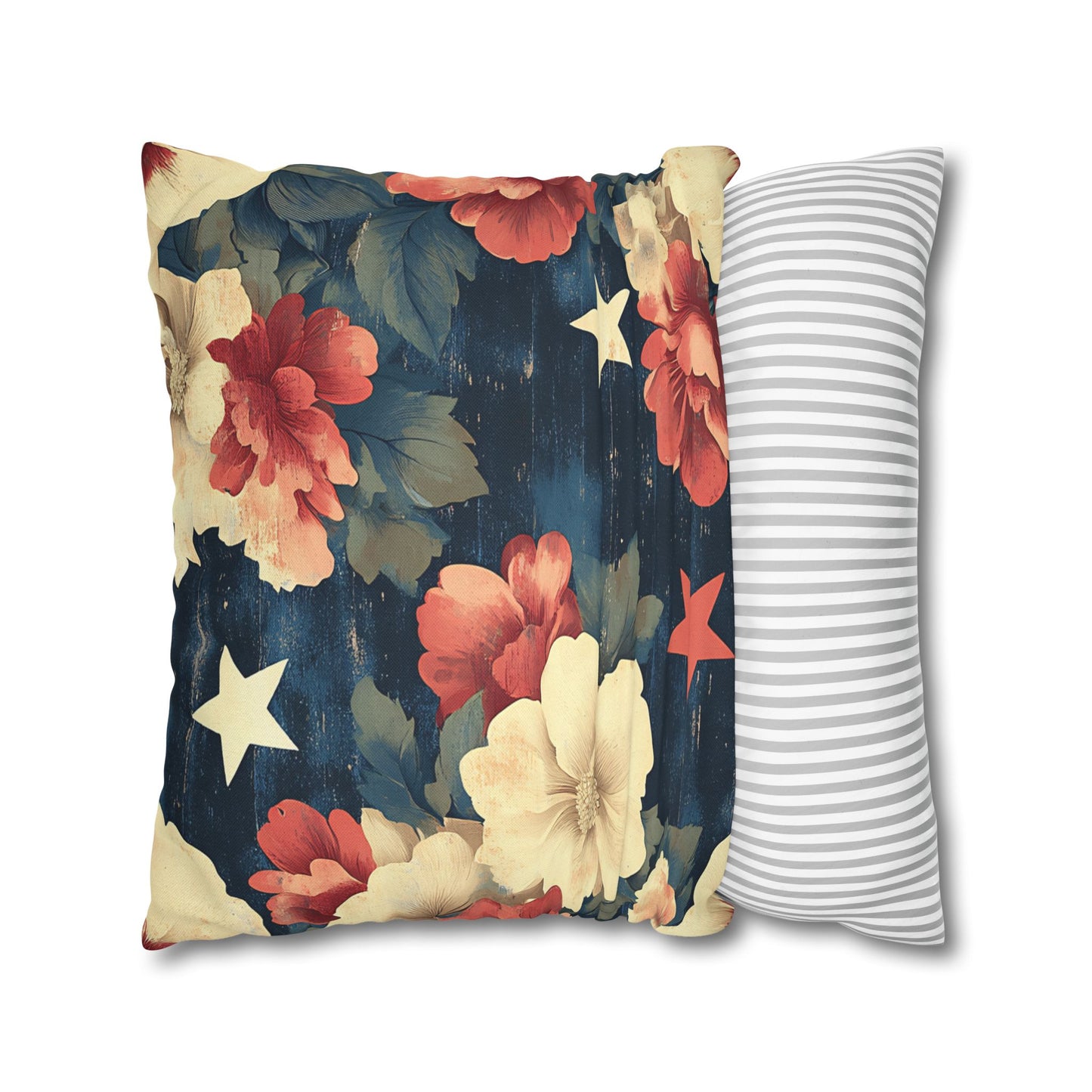 Floral Stars Throw Pillowcase — Vintage Navy Patriotic Floral Pillow Cover