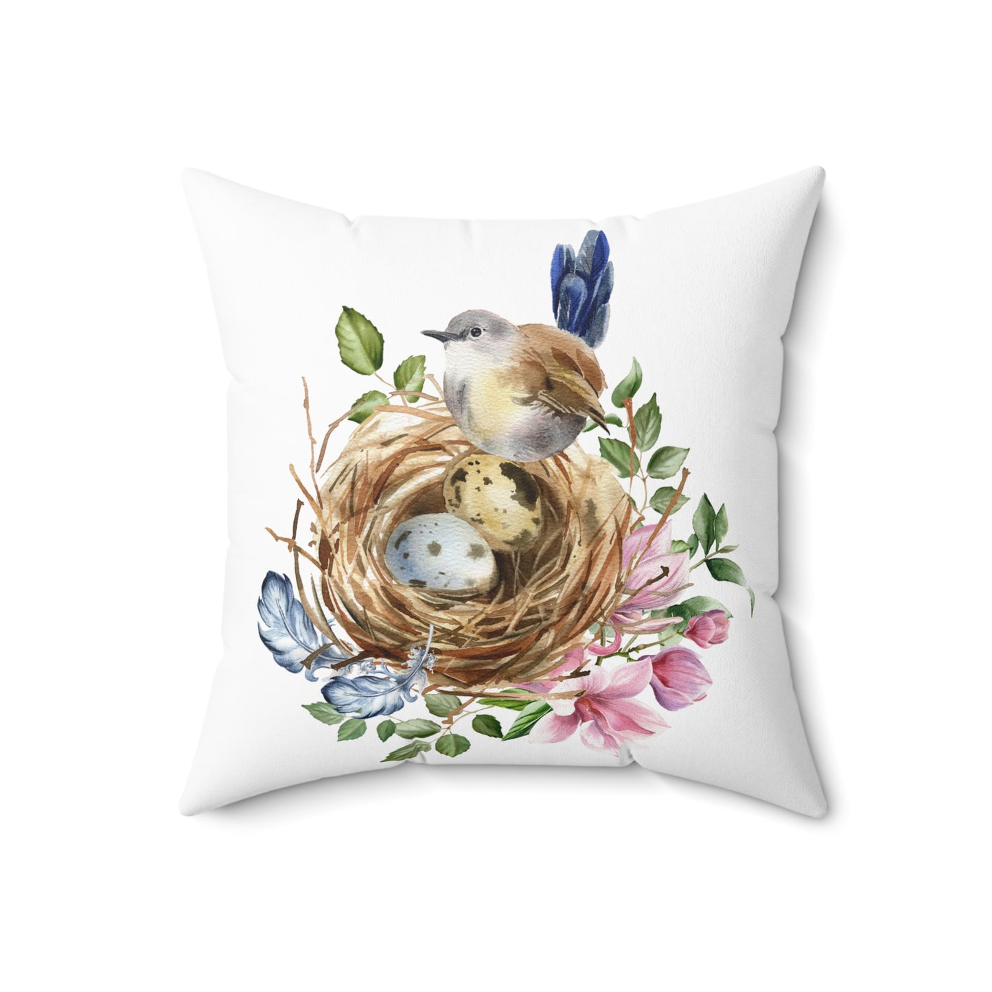 Spring Bird Nest Decorative Pillow — Blue Egg Botanical Throw Pillow