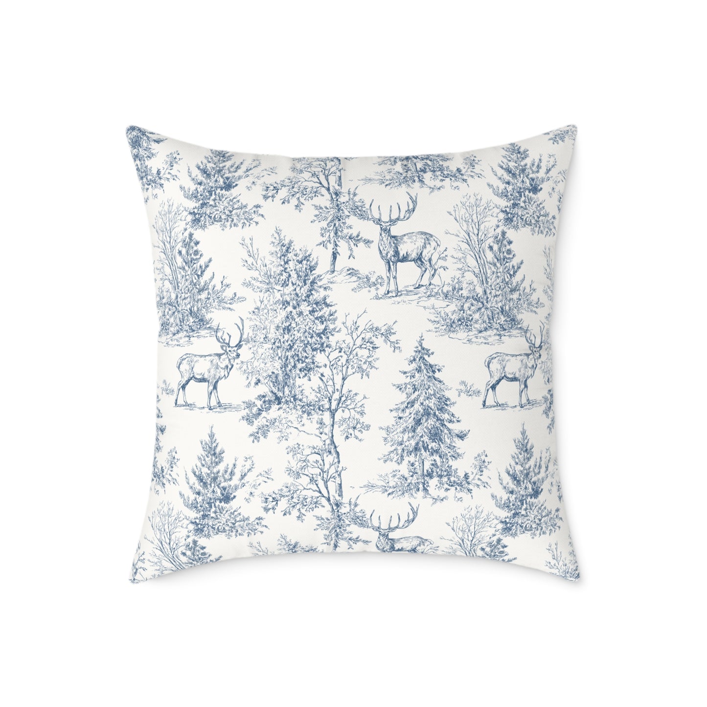 Peppermint’s Winterwood Heirloom Pillow Toile Deer Winter Pillow — Blue Woodland Decorative Throw Pillow