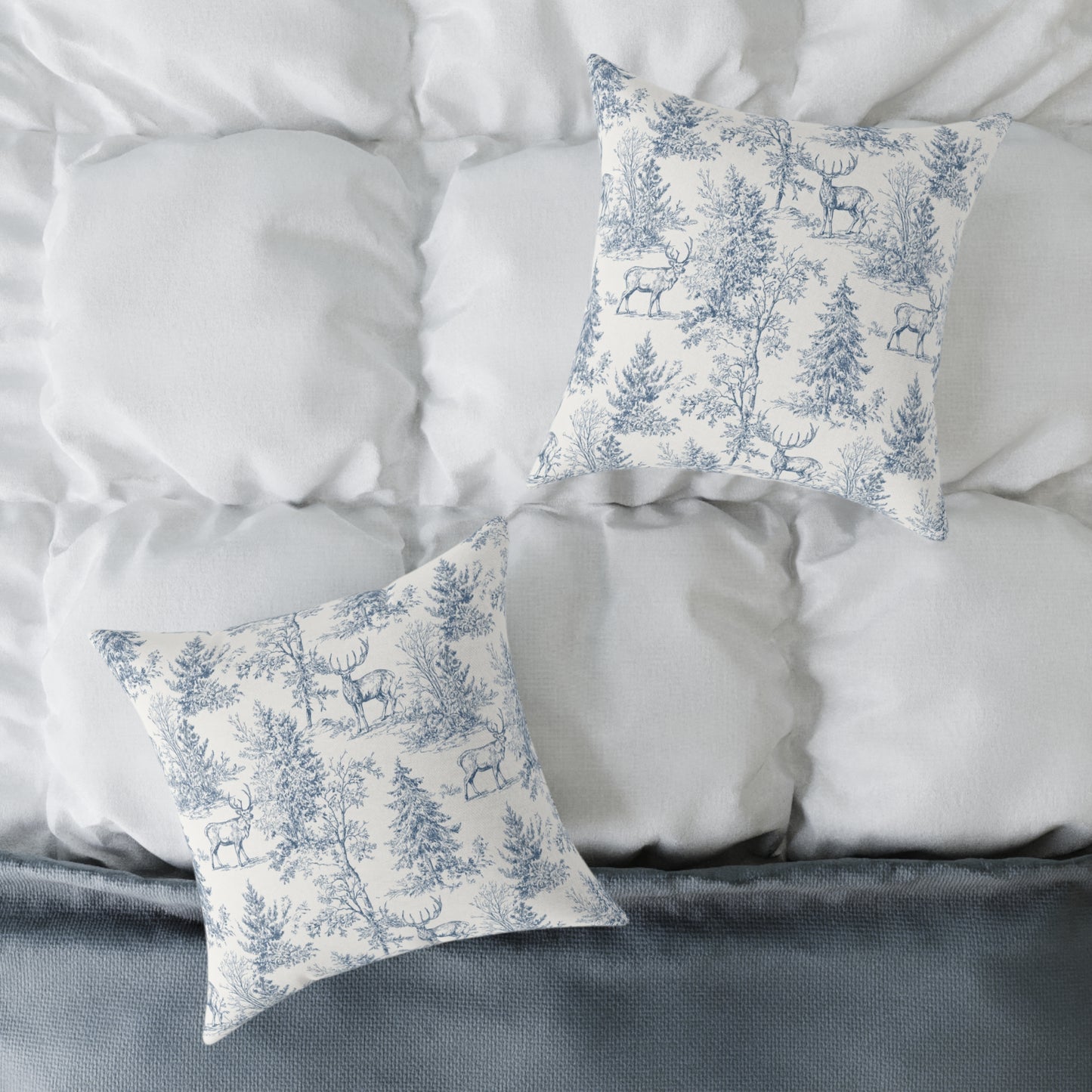 Peppermint’s Winterwood Heirloom Pillow Toile Deer Winter Pillow — Blue Woodland Decorative Throw Pillow