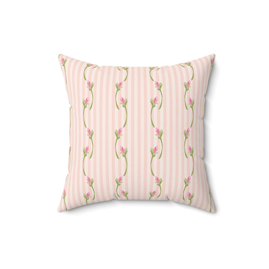 Pink Floral Stripe Throw Pillow — Vintage Rose Pattern Accent Cushion