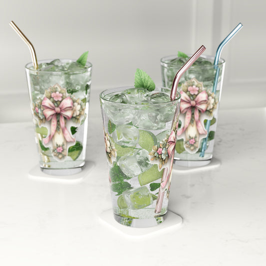 Floral Pink Bow Pint Glass — 16oz Decorative Flower Beer Glass