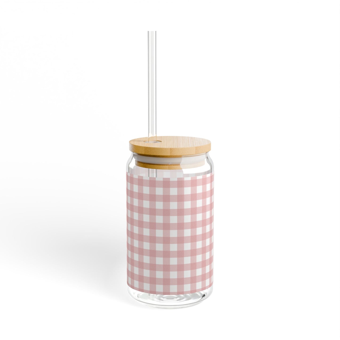 16oz Pink Gingham Sipper Glass — Reusable Straw Canister for Picnic & Everyday Drinks
