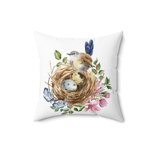 Spring Bird Nest Decorative Pillow — Blue Egg Botanical Throw Pillow