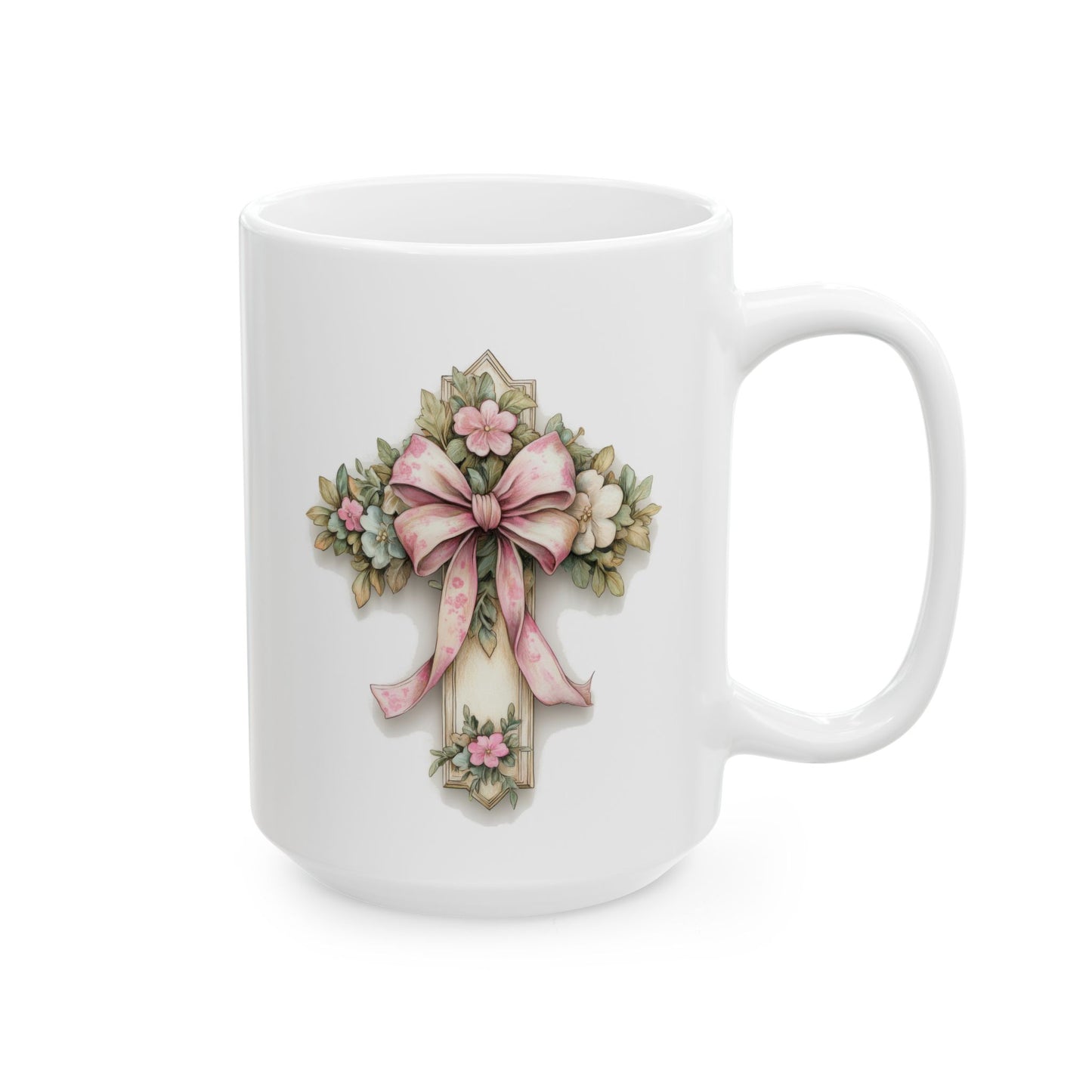 Floral Bouquet Cross  Ceramic Mug — Vintage Pink Roses Coffee Cup (11oz/15oz)
