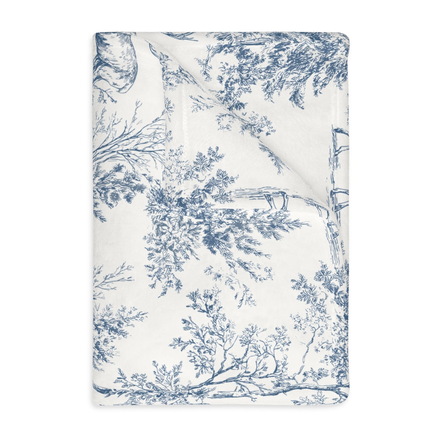 Peppermint’s Winterwood Heirloom Velveteen Blanket   Deer & Pine Toile Velveteen Blanket — Blue Scenic Microfiber Throw