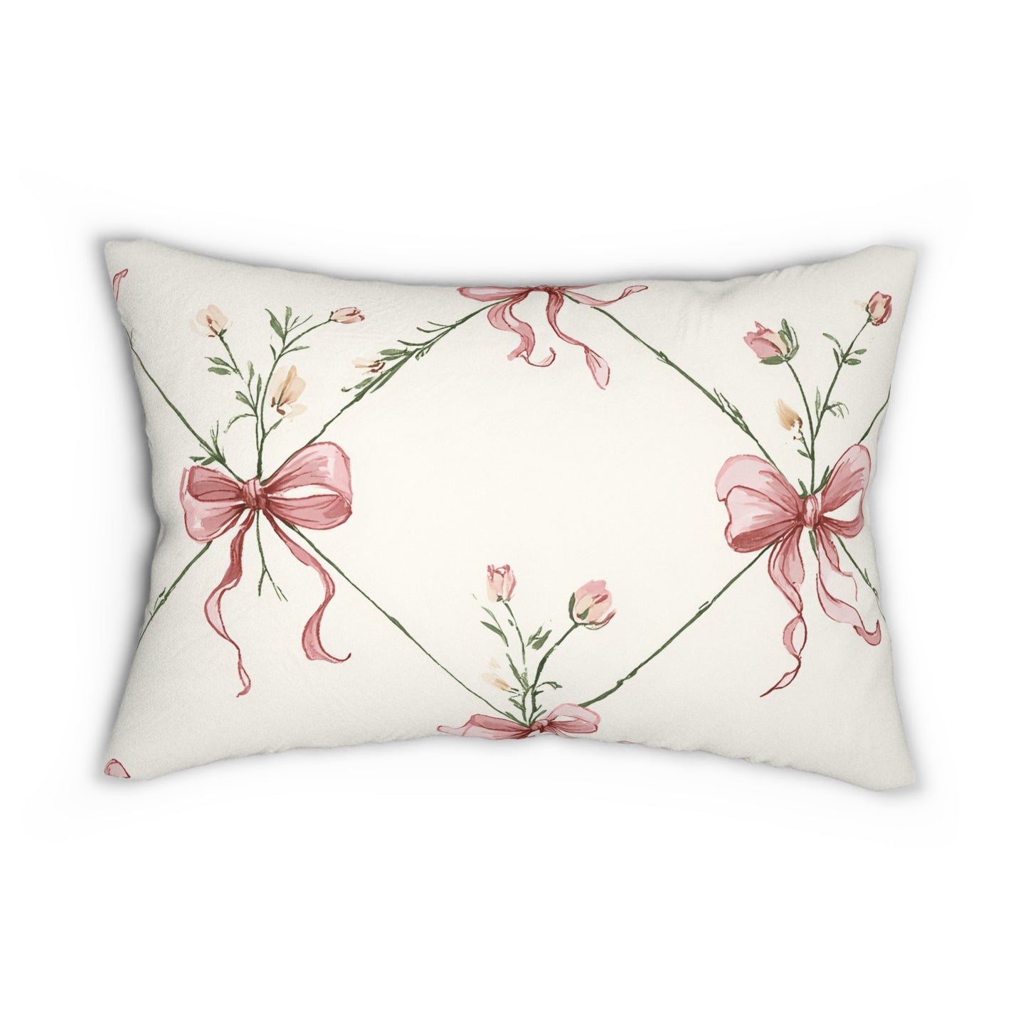Bow Garden Lumbar Pillow – Soft Blush Floral & Ribbon Design